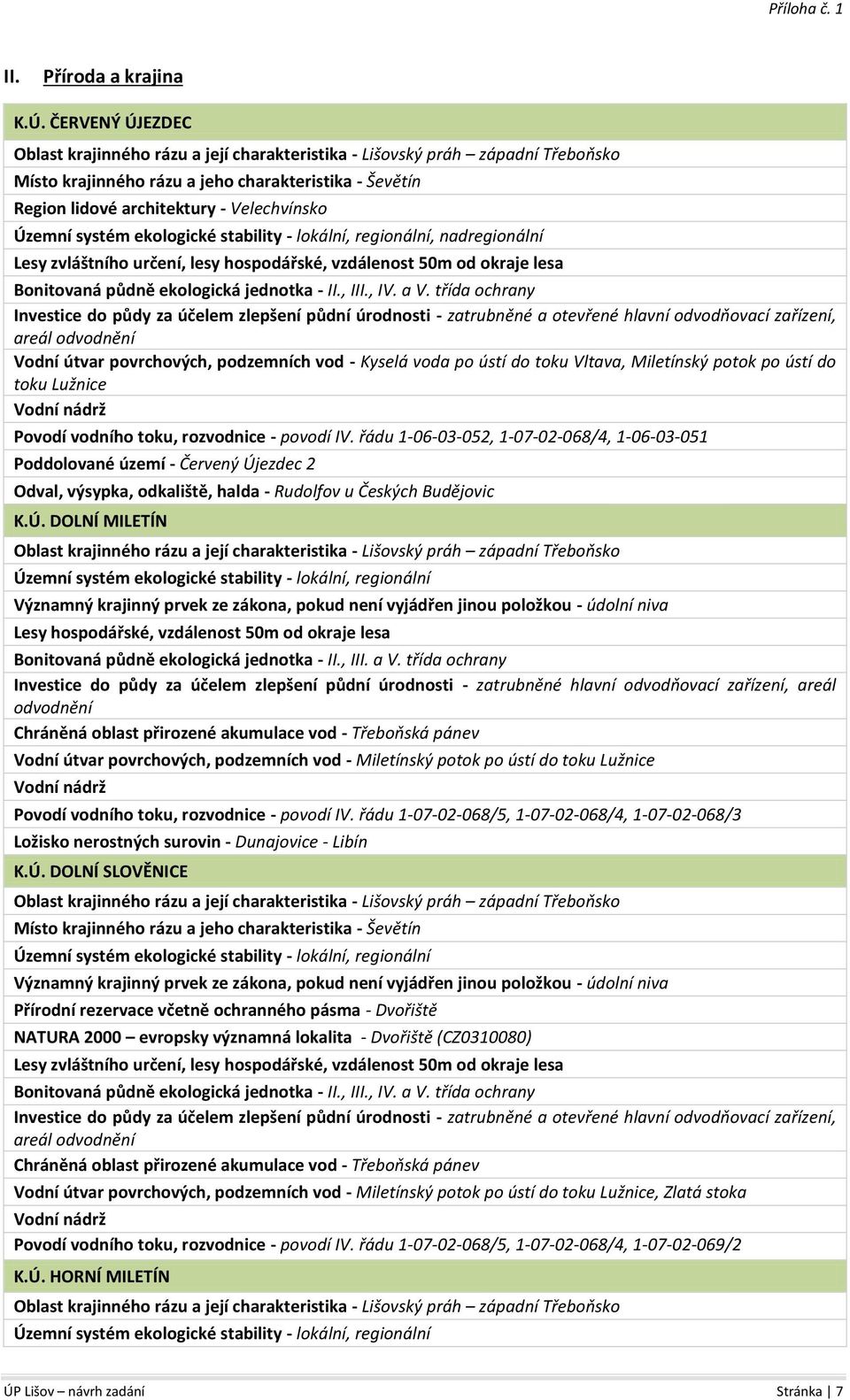 systém ekologické stability - lokální, regionální, nadregionální Lesy zvláštního určení, lesy hospodářské, vzdálenost 50m od okraje lesa Bonitovaná půdně ekologická jednotka - II., III., IV. a V.