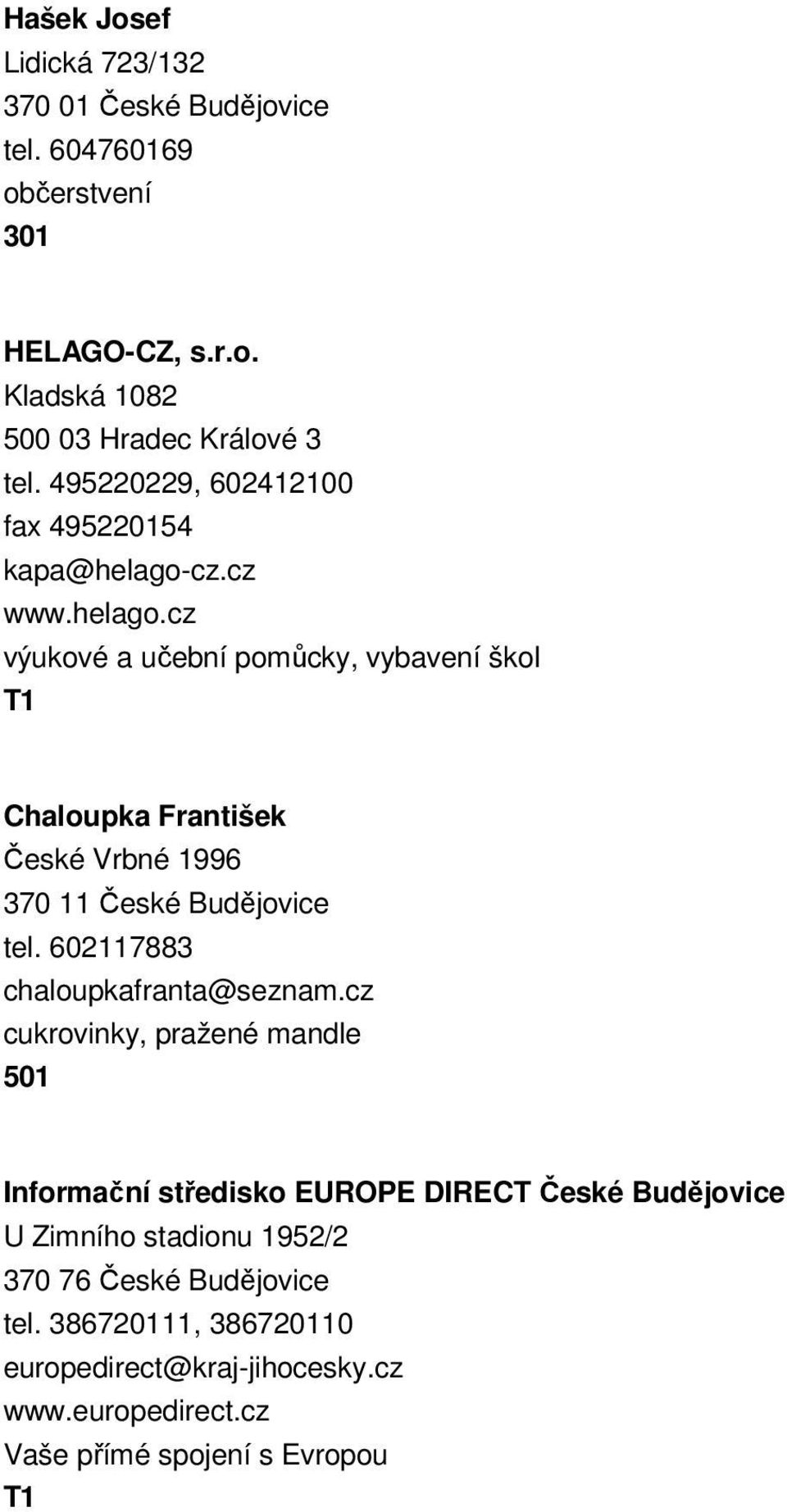 cz.cz www.helago.cz výukové a učební pomůcky, vybavení škol Chaloupka František České Vrbné 1996 370 11 České Budějovice tel.