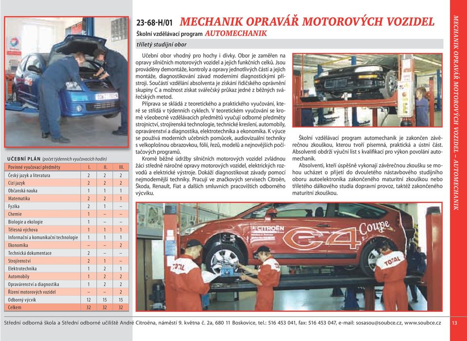 Ekonomika 2 Technická dokumentace 2 Strojírenství 2 1 Elektrotechnika 1 2 1 Automobily 1 2 2 Opravárenství a diagnostika 1 2 2 Řízení motorových vozidel 2 Odborný výcvik 12 15 15 Celkem 32 32 32