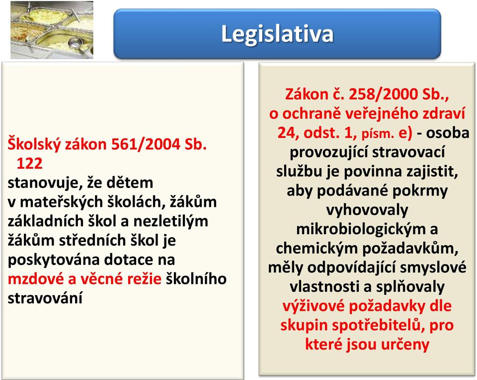 mzdové a věcné režie školního stravování Zákon č. 258/2000 Sb., o ochraně veřejného zdraví 24, odst. 1, písm.