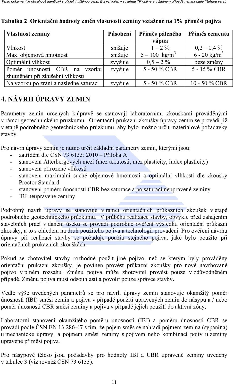 po zrání a následné saturaci zvyšuje 5-50 % CBR 10-50 % CBR 4. NÁVRH ÚPRAVY ZEMIN Parametry zemin určených k úpravě se stanovují laboratorními zkouškami prováděnými v rámci geotechnického průzkumu.