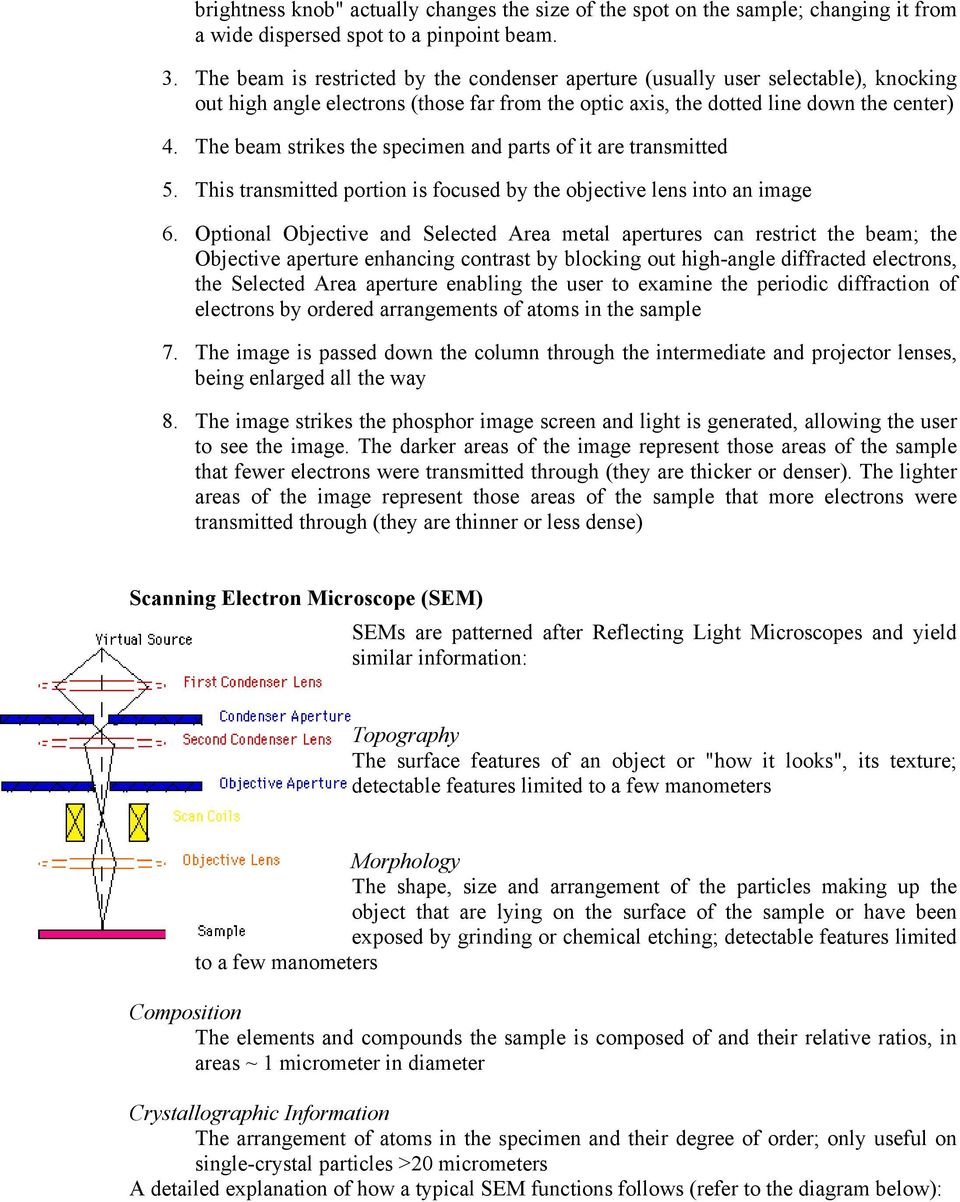The beam strikes the specimen and parts of it are transmitted 5. This transmitted portion is focused by the objective lens into an image 6.