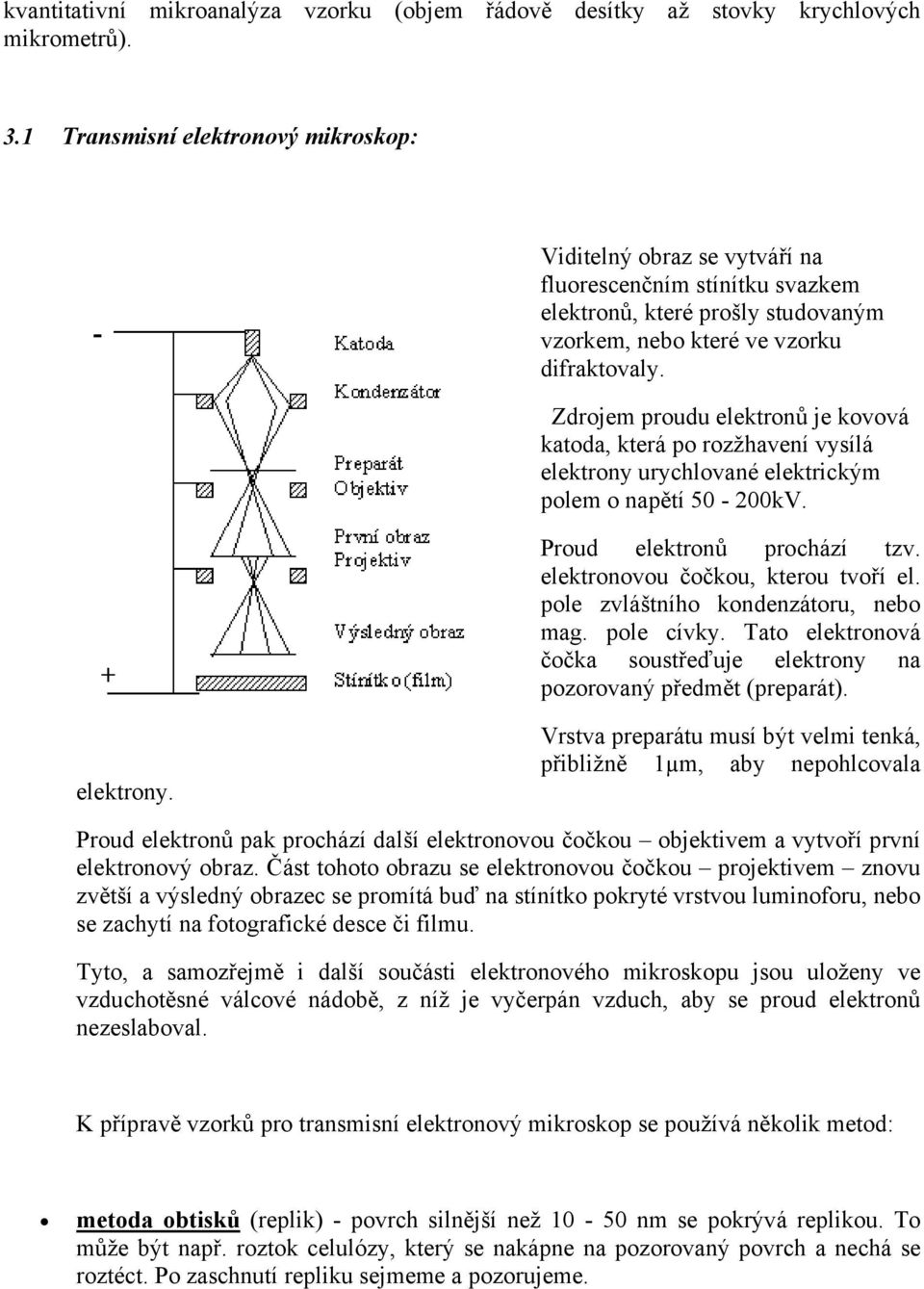 Zdrojem proudu elektronů je kovová katoda, která po rozžhavení vysílá elektrony urychlované elektrickým polem o napětí 50-200kV. Proud elektronů prochází tzv. elektronovou čočkou, kterou tvoří el.