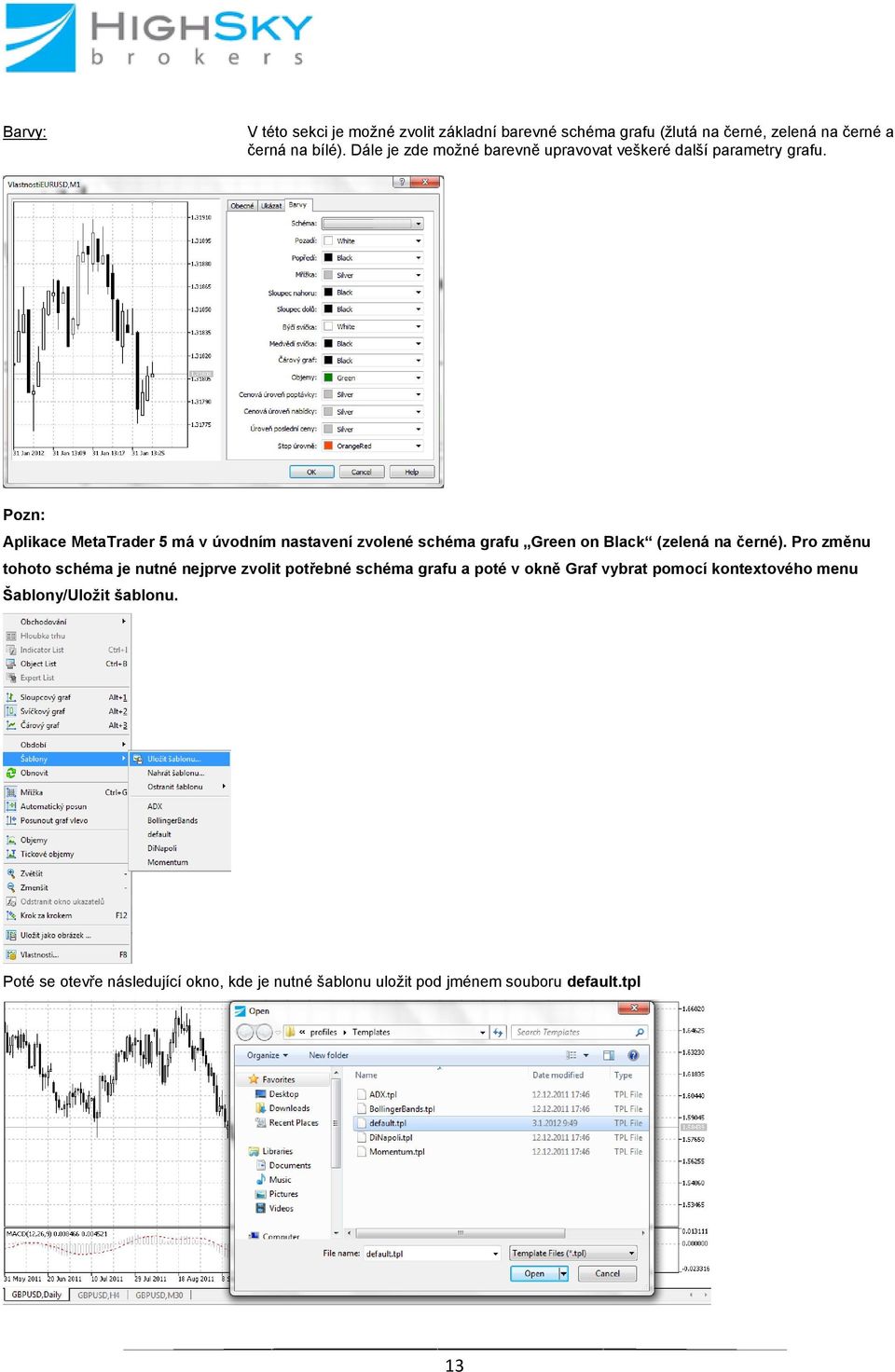 Pozn: Aplikace MetaTrader 5 má v úvodním nastavení zvolené schéma grafu Green on Black (zelená na černé).