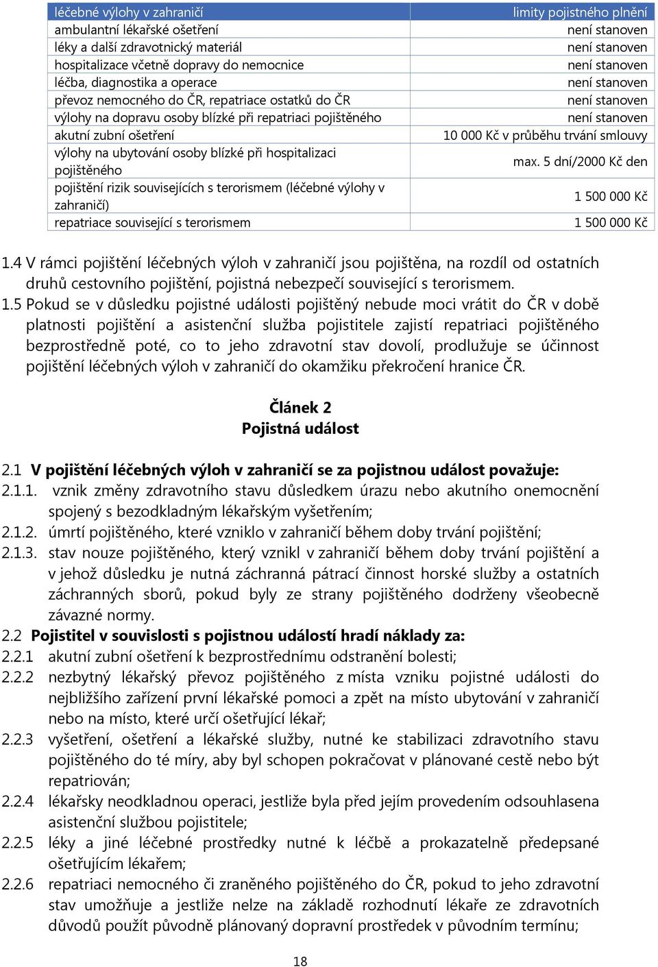 (léčebné výlohy v zahraničí) repatriace související s terorismem limity pojistného plnění není stanoven není stanoven není stanoven není stanoven není stanoven není stanoven 10 000 Kč v průběhu