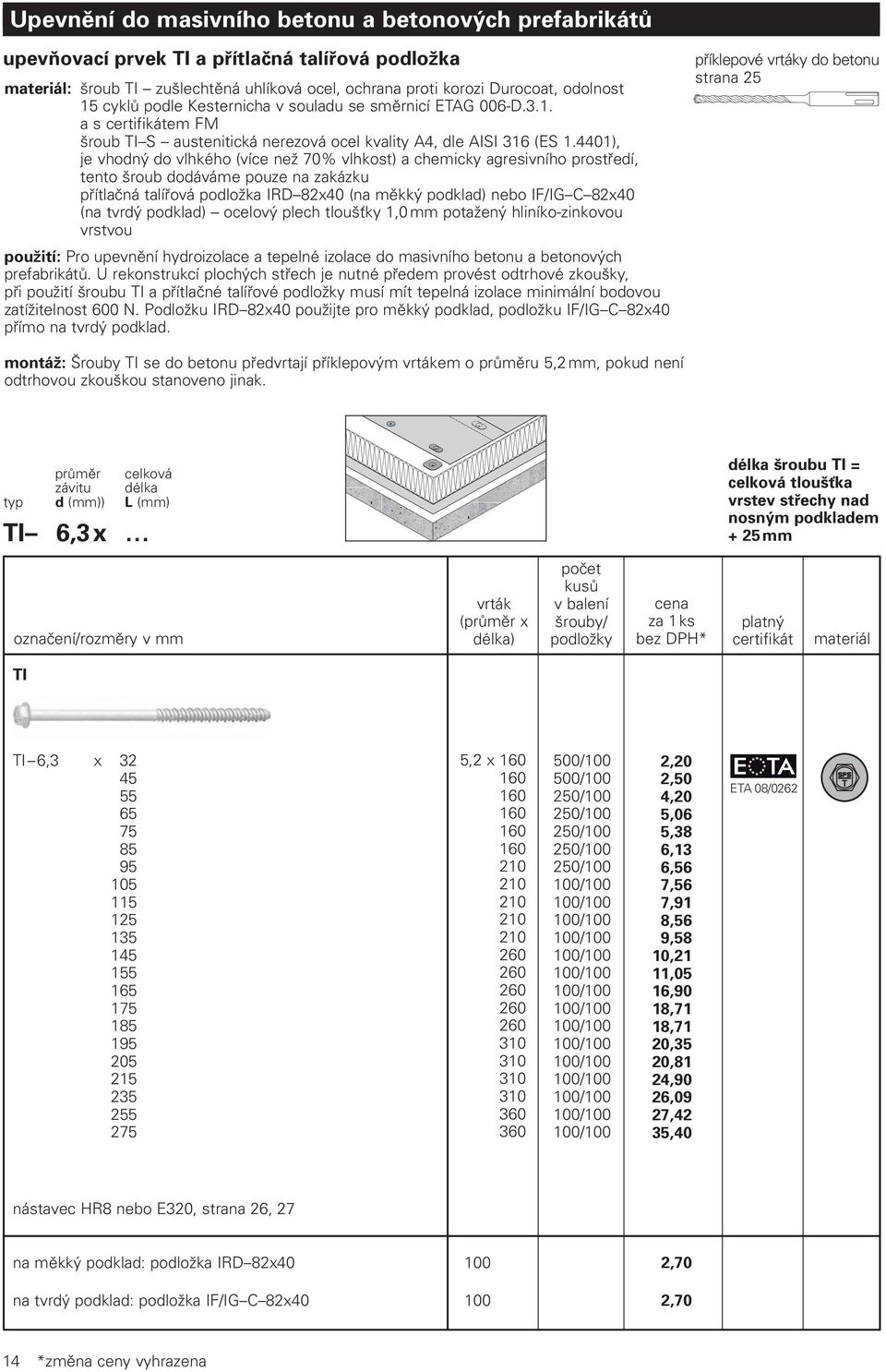 4401), je vhodný do vlhkého (více než 70% vlhkost) a chemicky agresivního prostředí, tento šroub dodáváme pouze na zakázku přítlačná talířová podložka IRD 82x40 (na měkký podklad) nebo IF/IG C 82x40