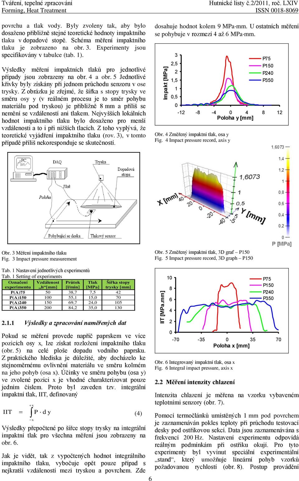 Experimenty jsou specifikovány v tabulce (tab. 1). Výsledky měření impaktních tlaků pro jednotlivé případy jsou zobrazeny na obr. 4 a obr.