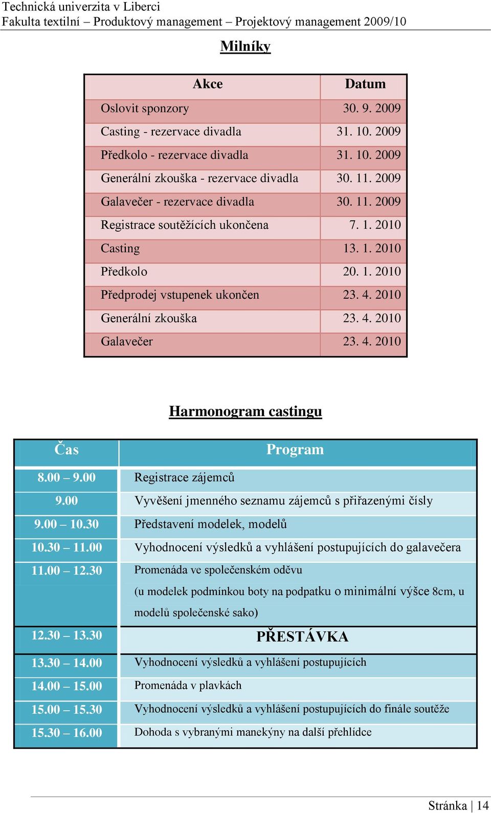 4. 2010 Harmonogram castingu Čas Program 8.00 9.00 Registrace zájemců 9.00 Vyvěšení jmenného seznamu zájemců s přiřazenými čísly 9.00 10.30 Představení modelek, modelů 10.30 11.