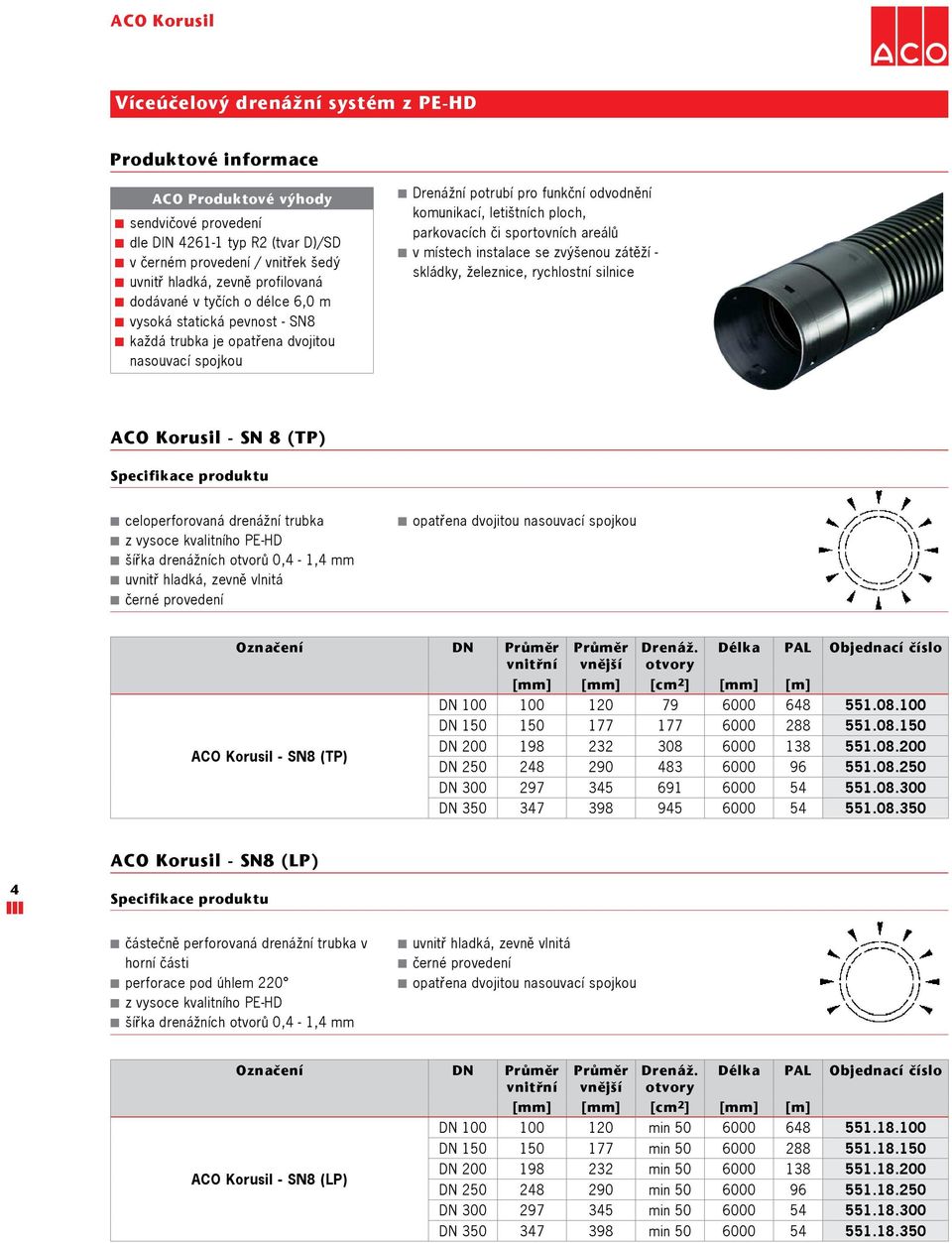 parkovacích či sportovních areálů v místech instalace se zvýšenou zátěží - skládky, železnice, rychlostní silnice ACO Korusil - SN 8 (TP) Specifikace produktu celoperforovaná drenážní trubka z vysoce