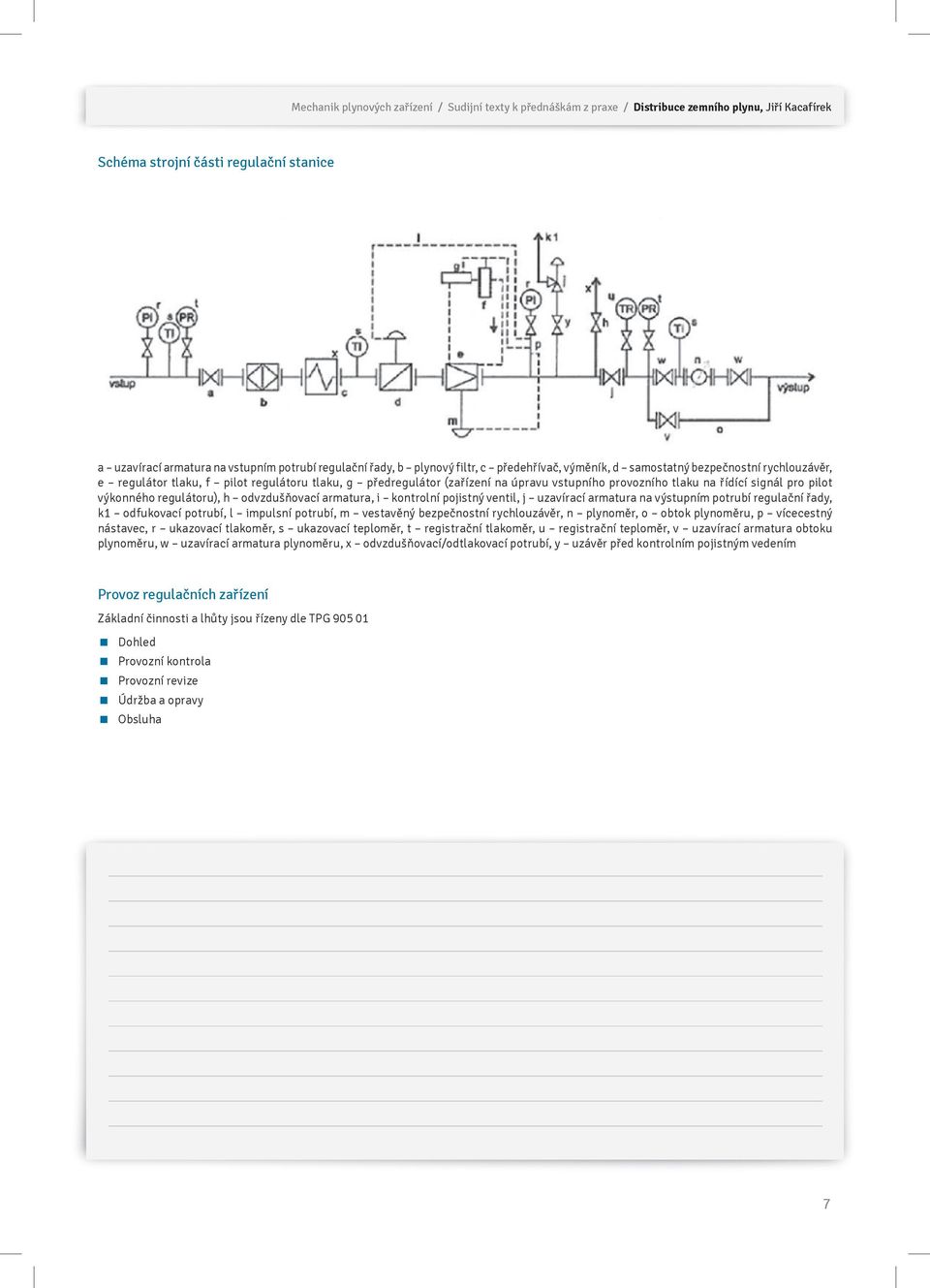 řídící signál pro pilot výkonného regulátoru), h odvzdušňovací armatura, i kontrolní pojistný ventil, j uzavírací armatura na výstupním potrubí regulační řady, k1 odfukovací potrubí, l impulsní