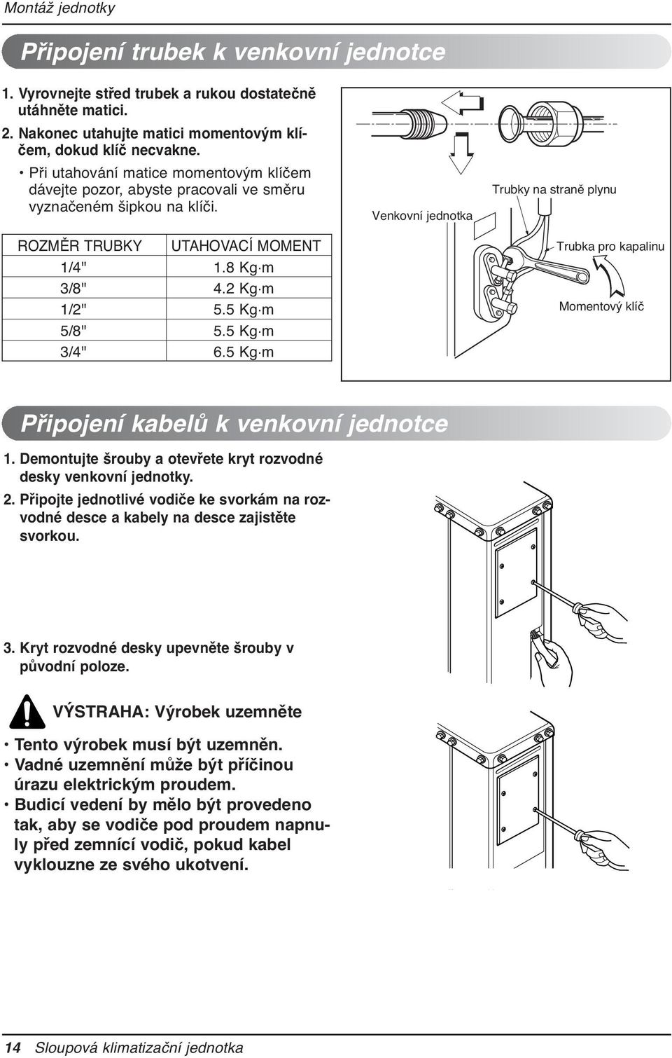 5 Kg.m Venkovní jednotka Trubky na straně plynu Trubka pro kapalinu Momentový klíč Připojení kabelů k venkovní jednotce 1. Demontujte šrouby a otevřete kryt rozvodné desky venkovní jednotky. 2.