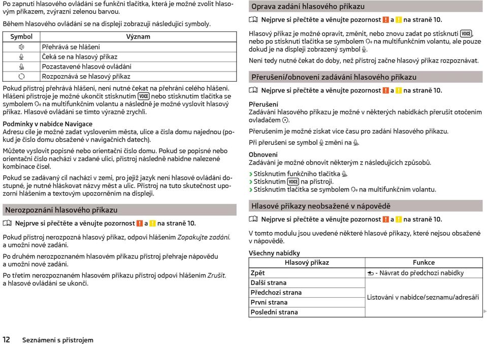 Hlášení přístroje je možné ukončit stisknutím nebo stisknutím tlačítka se symbolem na multifunkčním volantu a následně je možné vyslovit hlasový příkaz. Hlasové ovládání se tímto výrazně zrychlí.