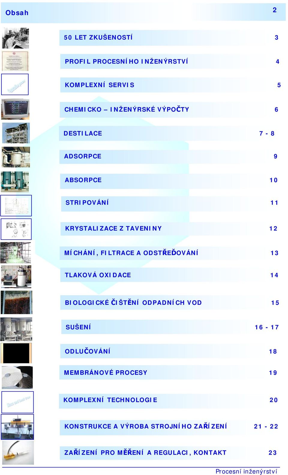 ODSTŘEĎOVÁNÍ 13 TLAKOVÁ OXIDACE 14 BIOLOGICKÉ ČIŠTĚNÍ ODPADNÍCH VOD 15 SUŠENÍ 16-17 ODLUČOVÁNÍ 18 MEMBRÁNOVÉ