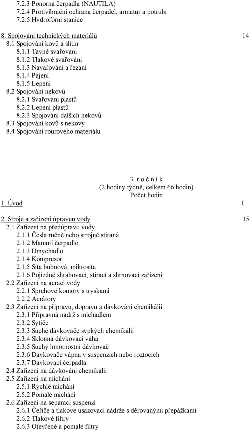 4 Spojování rourového materiálu 3. r o č n í k (2 hodiny týdně, celkem 66 hodin) Počet hodin 1. Úvod 1 2. Stroje a zařízení úpraven vody 35 2.1 Zařízení na předúpravu vody 2.1.1 Česla ručně nebo strojně stíraná 2.