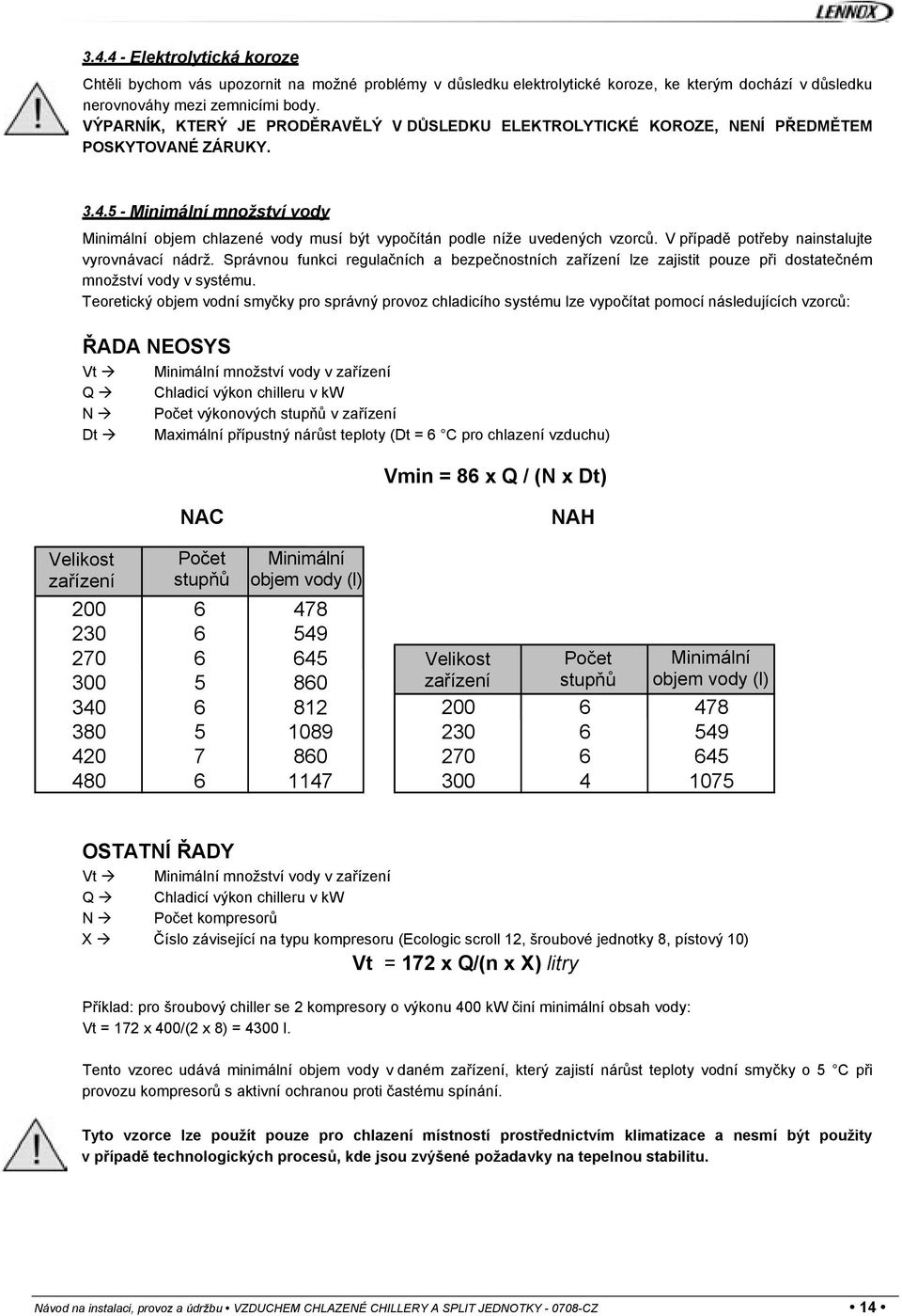 5 - Minimální množství vody Minimální objem chlazené vody musí být vypočítán podle níže uvedených vzorců. V případě potřeby nainstalujte vyrovnávací nádrž.