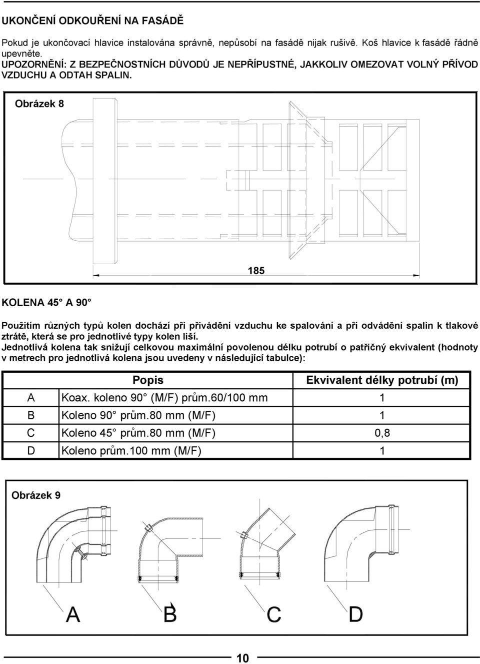 Obrázek 8 185 KOLENA 45 A 90 Použitím různých typů kolen dochází při přivádění vzduchu ke spalování a při odvádění spalin k tlakové ztrátě, která se pro jednotlivé typy kolen liší.