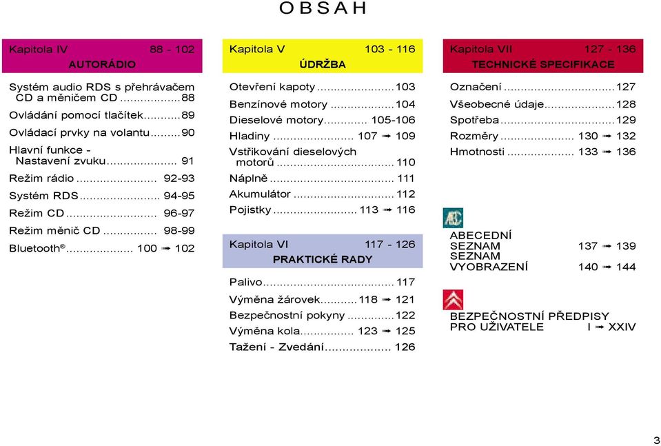 .. 107 109 Vstřikování dieselových motorů...110 Náplně... 111 Akumulátor...112 Pojistky... 113 116 Kapitola VI 117-126 PRAKTICKÉ RADY Palivo...117 Výměna žárovek...118 121 Bezpečnostní pokyny.