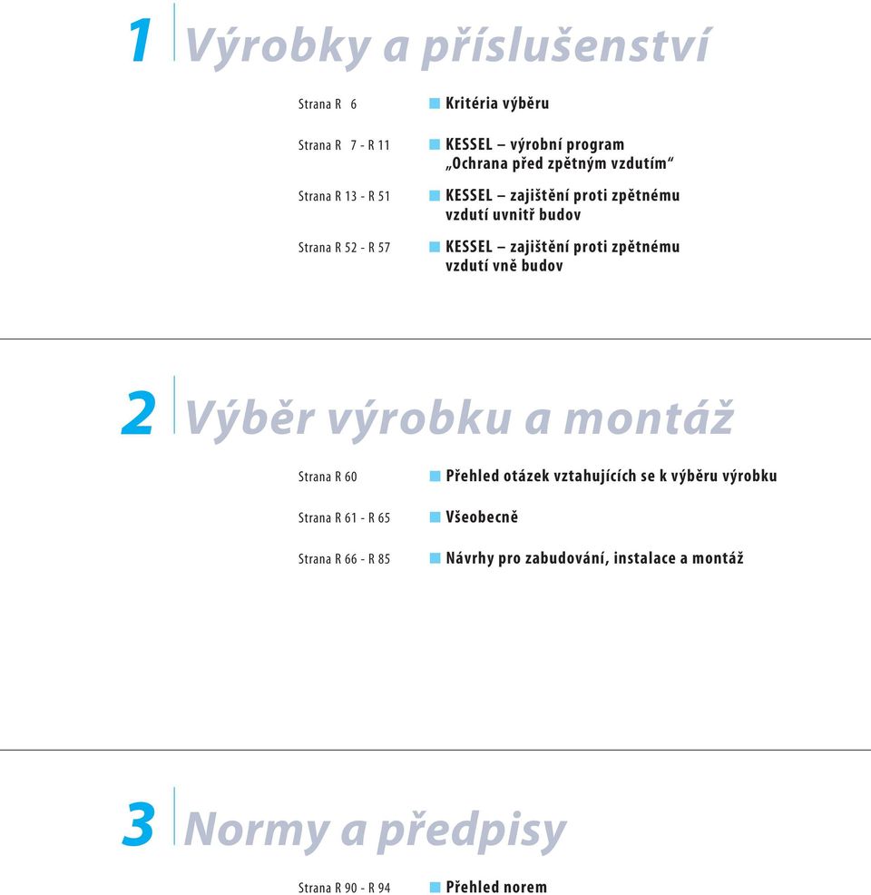 zpětnému vzdutí vně budov 2 Výběr výrobku a montáž Strana R 60 Strana R 61 - R 65 Strana R 66 - R 85 Přehled otázek