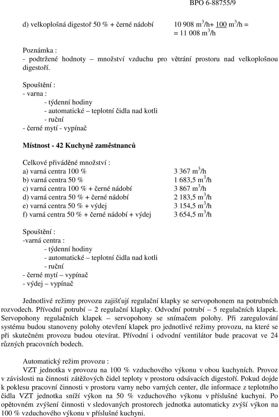 m 3 /h b) varná centra 50 % 1 683,5 m 3 /h c) varná centra 100 % + černé nádobí 3 867 m 3 /h d) varná centra 50 % + černé nádobí 2 183,5 m 3 /h e) varná centra 50 % + výdej 3 154,5 m 3 /h f) varná