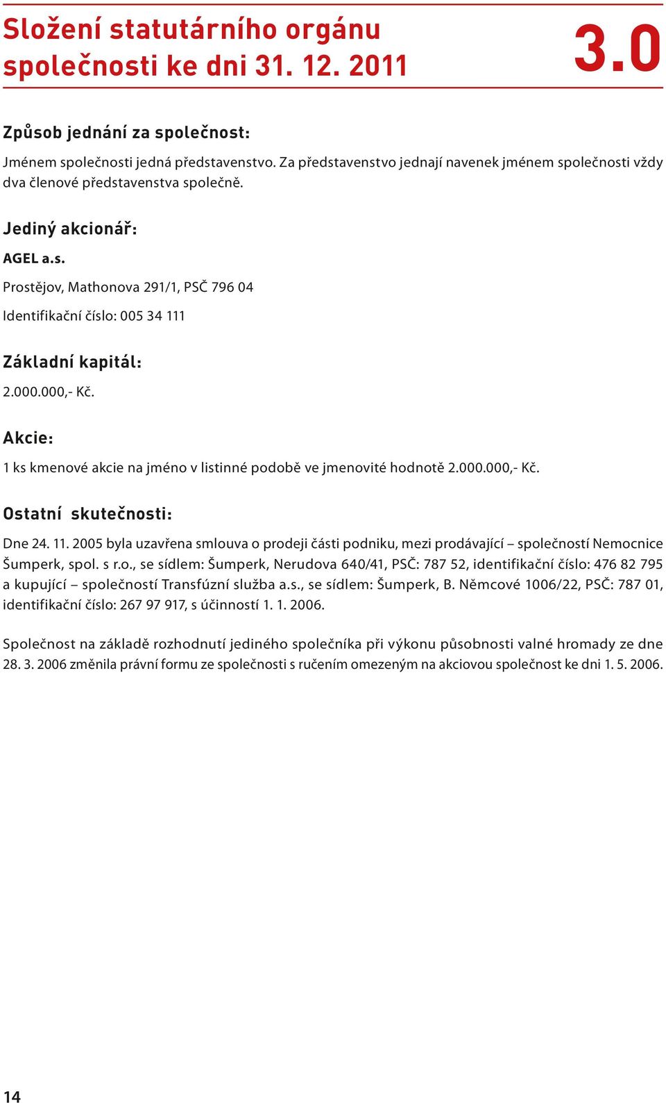 000.000,- Kč. Akcie: 1 ks kmenové akcie na jméno v listinné podobě ve jmenovité hodnotě 2.000.000,- Kč. Ostatní skutečnosti: Dne 24. 11.