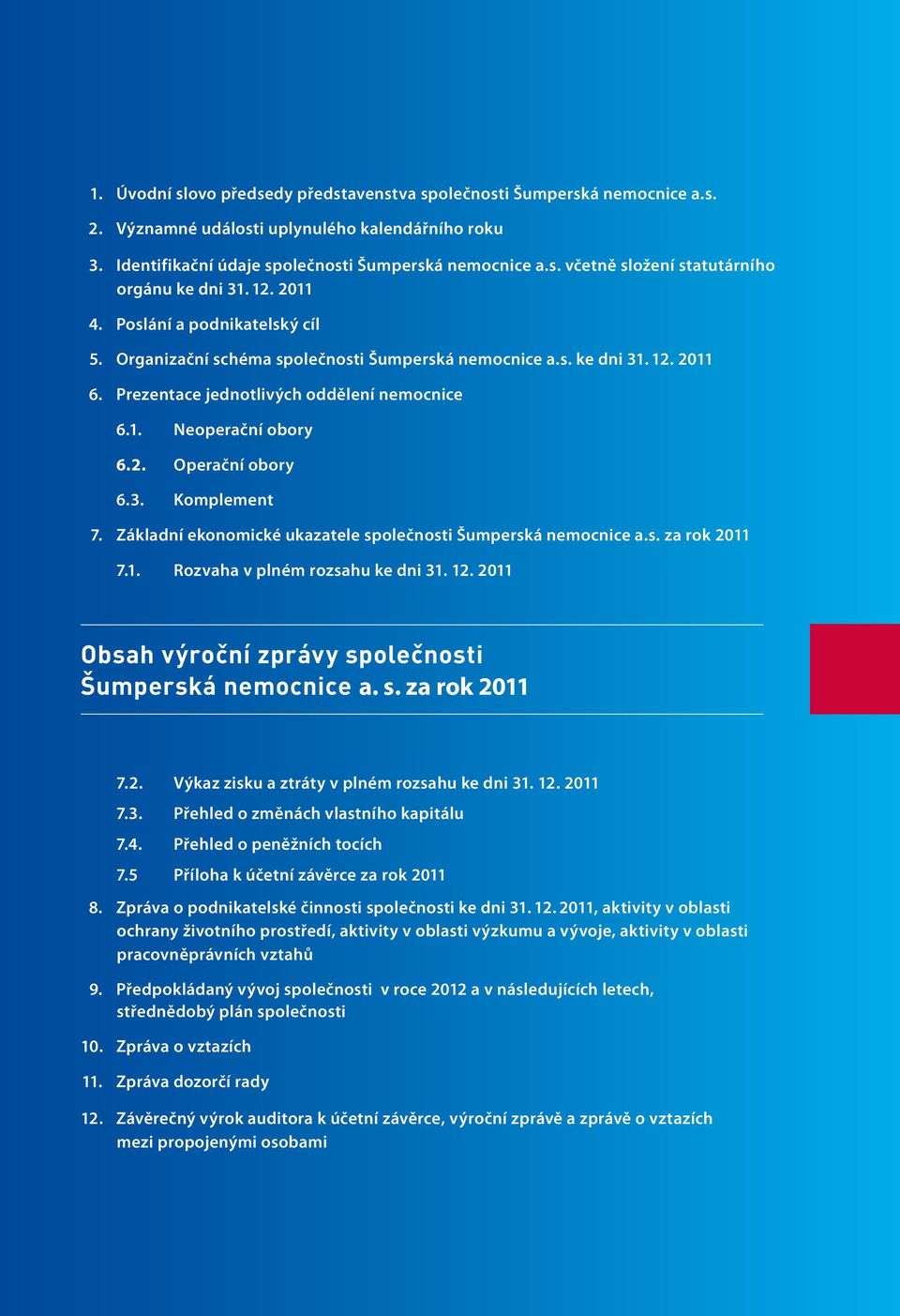 3. Komplement 7. Základní ekonomické ukazatele společnosti Šumperská nemocnice a.s. za rok 2011 7.1. Rozvaha v plném rozsahu ke dni 31. 12. 2011 Obsah výroční zprávy společnosti Šumperská nemocnice a.