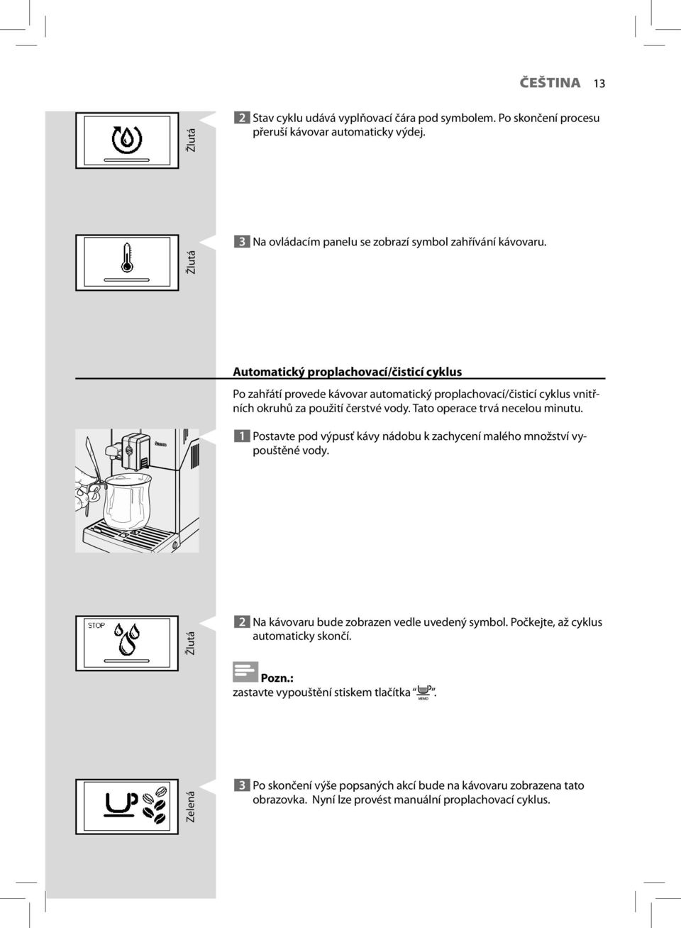 Automatický proplachovací/čisticí cyklus Po zahřátí provede kávovar automatický proplachovací/čisticí cyklus vnitřních okruhů za použití čerstvé vody.