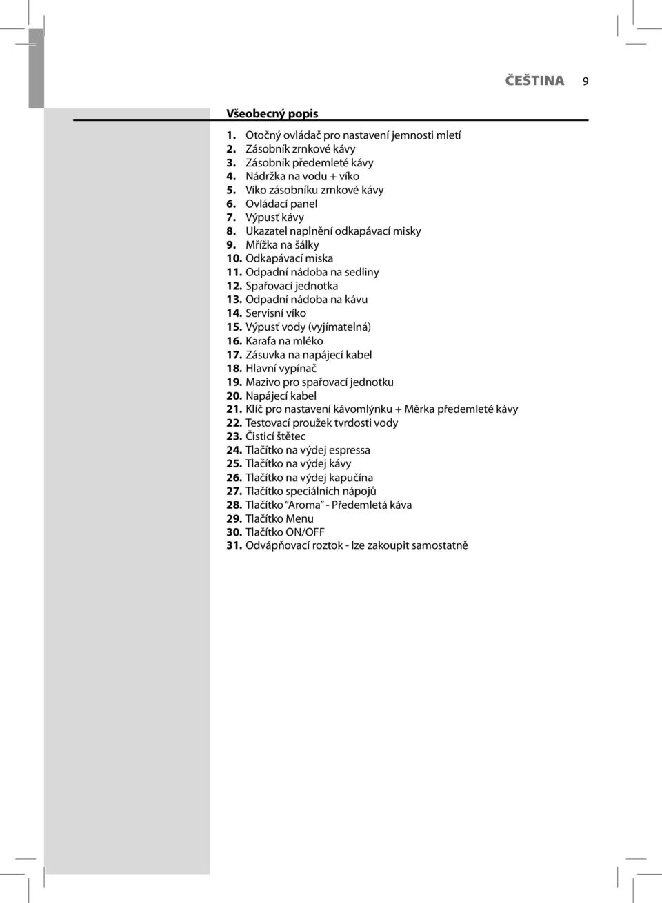 Výpusť vody (vyjímatelná) 16. Karafa na mléko 17. Zásuvka na napájecí kabel 18. Hlavní vypínač 19. Mazivo pro spařovací jednotku 20. Napájecí kabel 21.