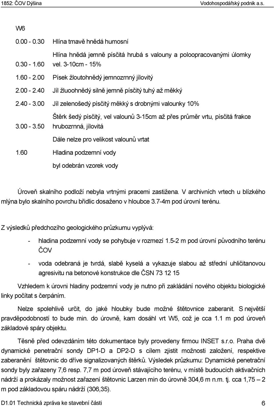 50 Štěrk šedý písčitý, vel valounů 3-15cm až přes průměr vrtu, písčitá frakce hrubozrnná, jílovitá Dále nelze pro velikost valounů vrtat 1.