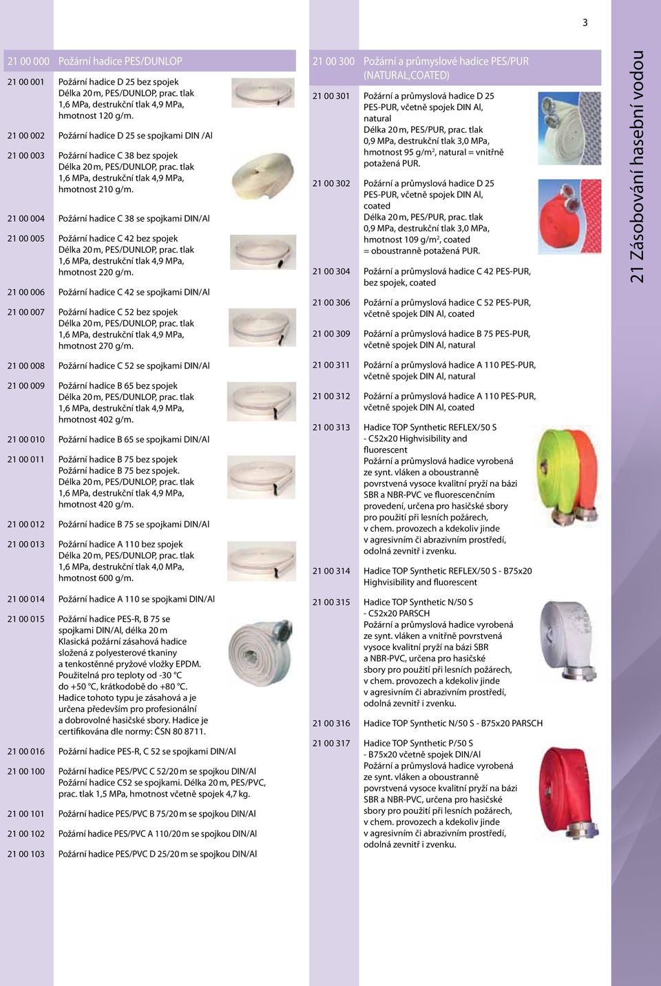 21 00 004 Požární hadice C 38 se spojkami DIN/Al 21 00 005 Požární hadice C 42 bez spojek Délka 20 m, PES/DUNLOP, prac. tlak 1,6 MPa, destrukční tlak 4,9 MPa, hmotnost 220 g/m.