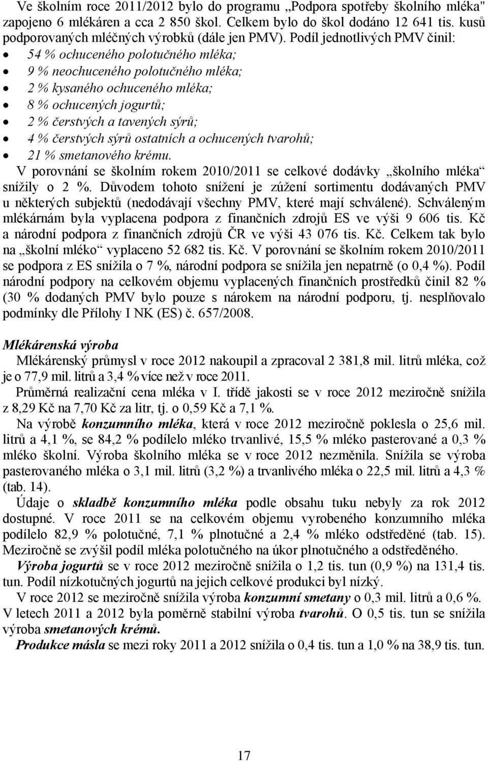 Podíl jednotlivých PMV činil: 54 % ochuceného polotučného mléka; 9 % neochuceného polotučného mléka; 2 % kysaného ochuceného mléka; 8 % ochucených jogurtů; 2 % čerstvých a tavených sýrů; 4 %