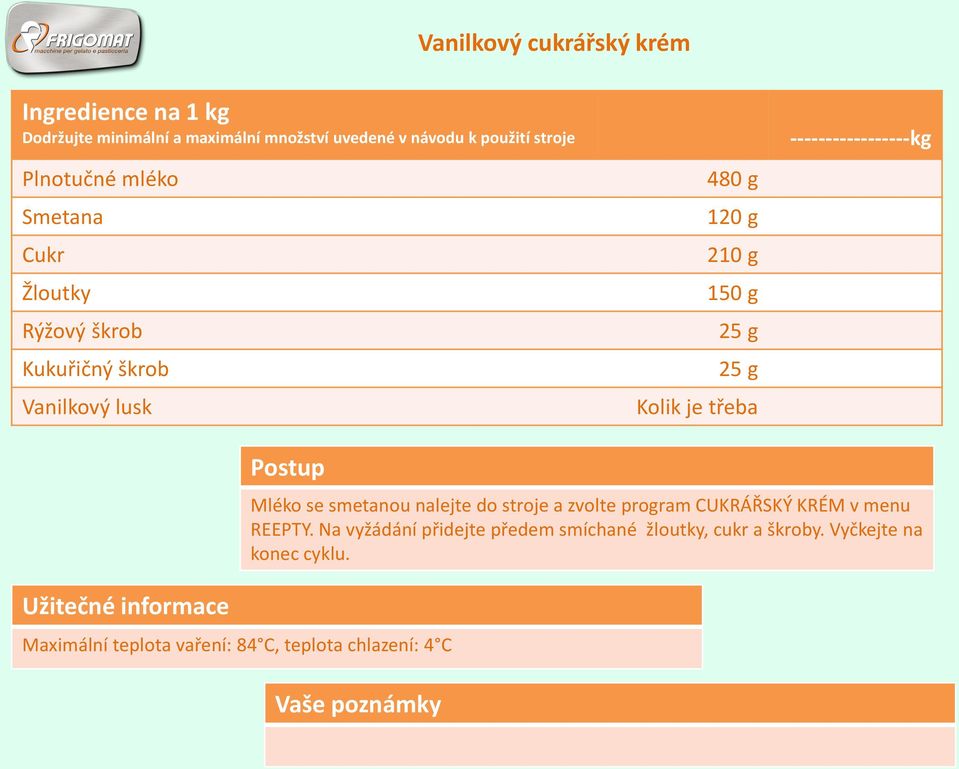 -----------------kg Užitečné informace Postup Maximální teplota vaření: 84 C, teplota chlazení: 4 C Mléko se smetanou nalejte do