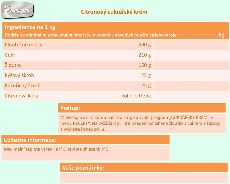 teplota vaření: 84 C, teplota chlazení: 4 C 600 g 210 g 150 g 25 g 25 g kolik je třeba Mléko splu s citr.