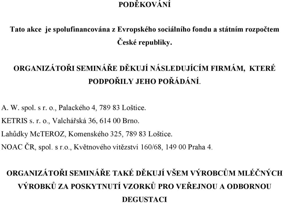 KETRIS s. r. o., Valchářská 36, 614 00 Brno. Lahůdky McTEROZ, Komenského 325, 789 83 Loštice. NOAC ČR, spol. s r.o., Květnového vítězství 160/68, 149 00 Praha 4.