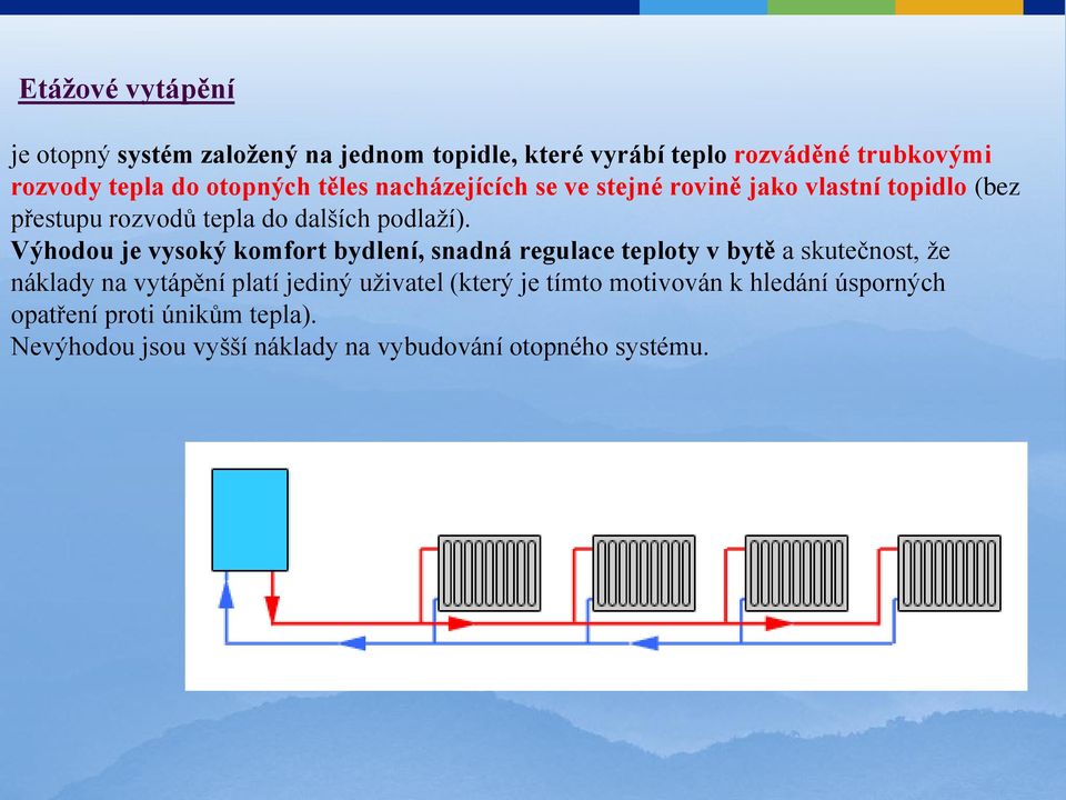 Výhodou je vysoký komfort bydlení, snadná regulace teploty v bytě a skutečnost, ţe náklady na vytápění platí jediný uţivatel