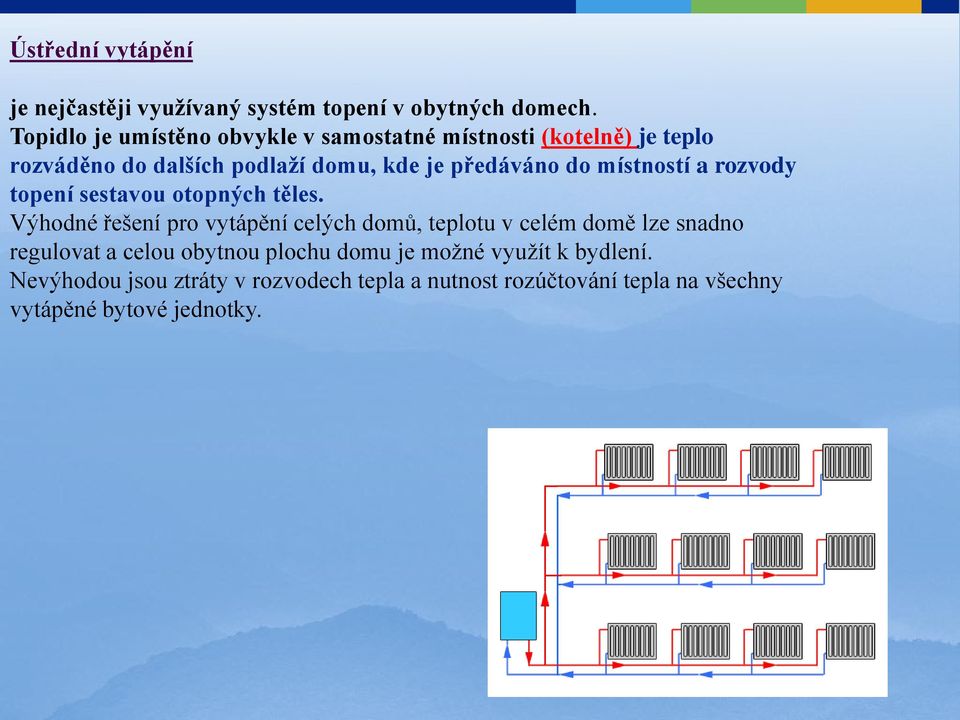 do místností a rozvody topení sestavou otopných těles.