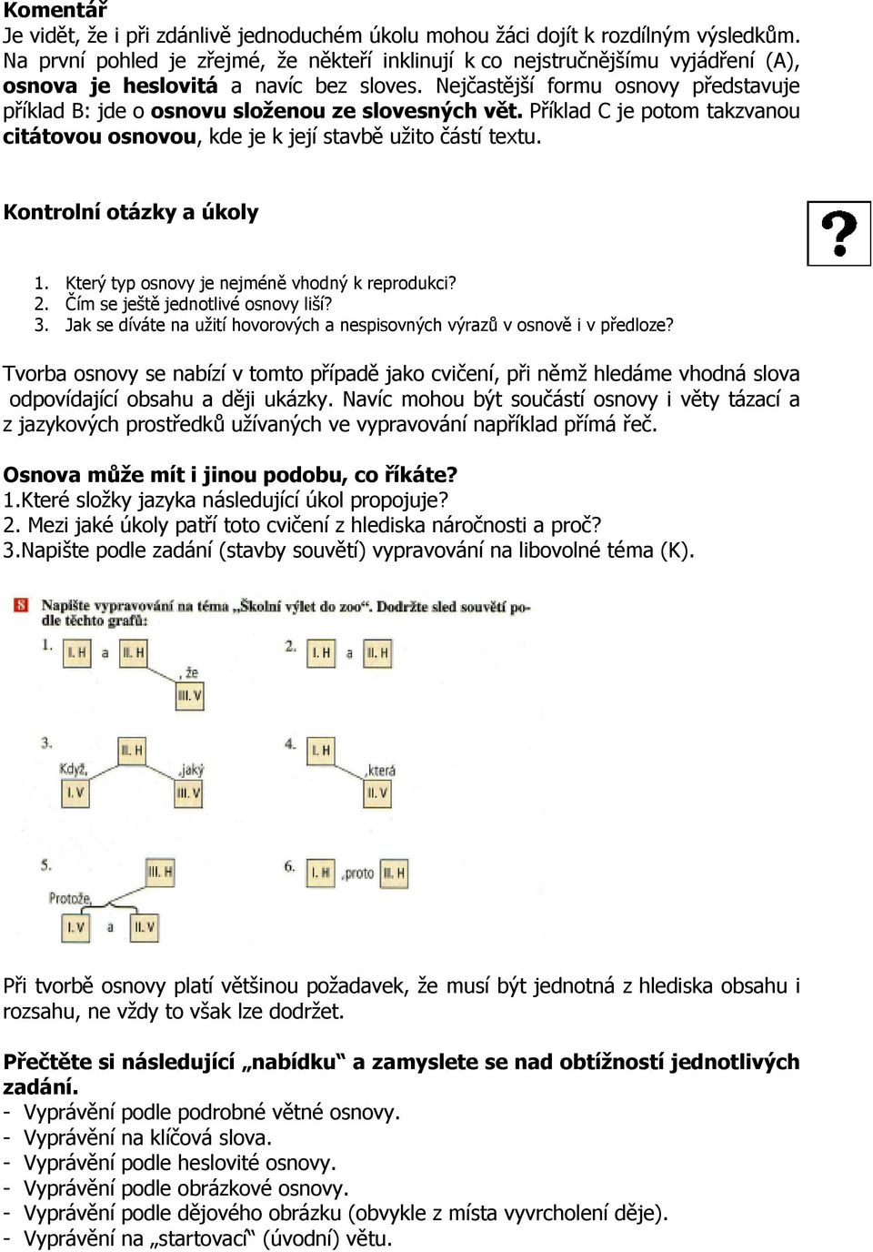 Nejčastější formu osnovy představuje příklad B: jde o osnovu složenou ze slovesných vět. Příklad C je potom takzvanou citátovou osnovou, kde je k její stavbě užito částí textu.