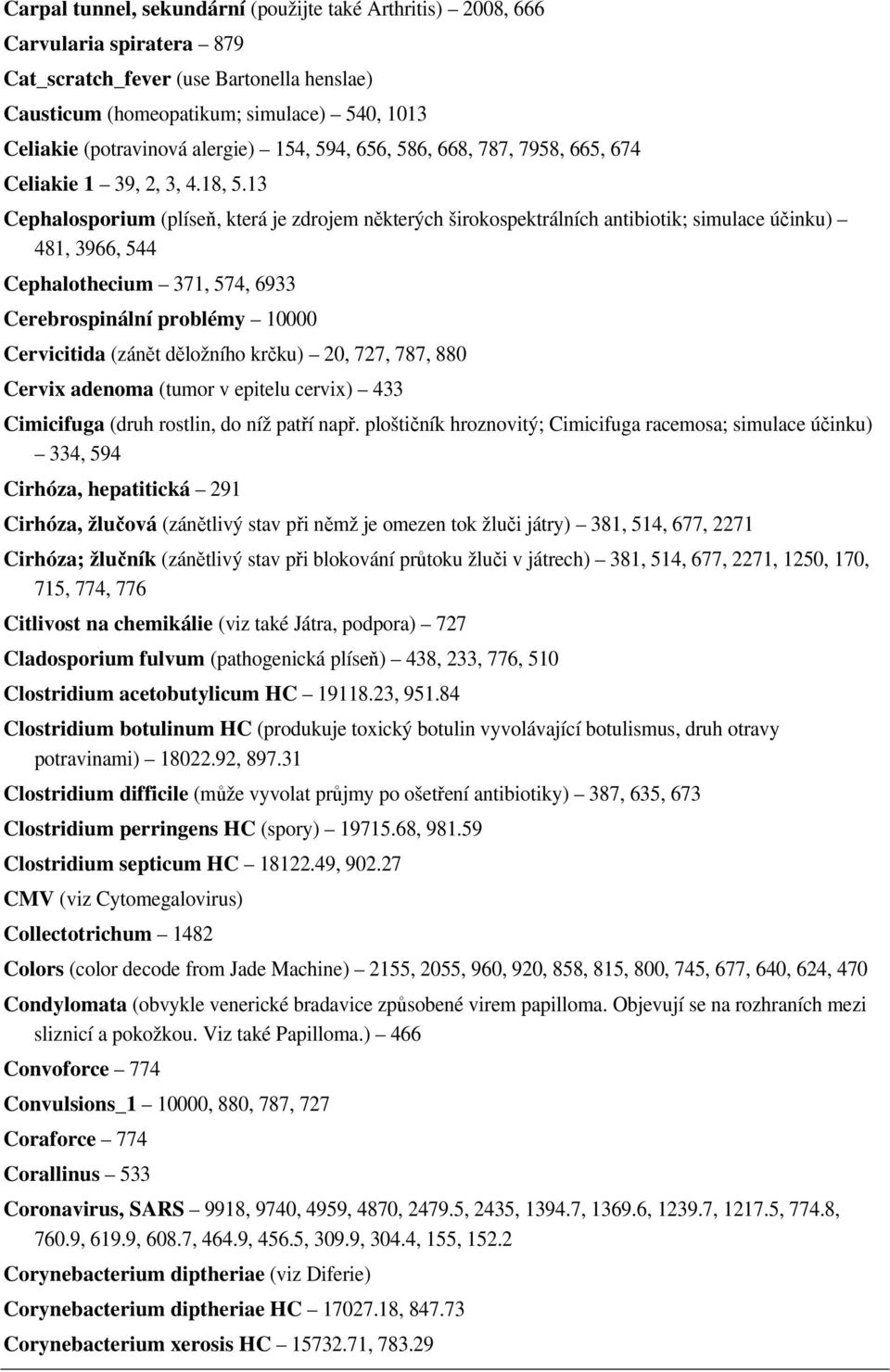 13 Cephalosporium (plíseň, která je zdrojem některých širokospektrálních antibiotik; simulace účinku) 481, 3966, 544 Cephalothecium 371, 574, 6933 Cerebrospinální problémy 10000 Cervicitida (zánět