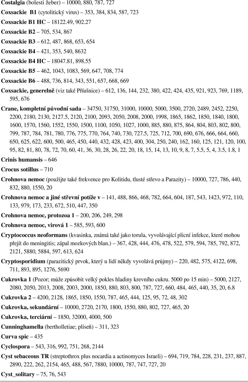 55 Coxsackie B5 462, 1043, 1083, 569, 647, 708, 774 Coxsackie B6 488, 736, 814, 343, 551, 657, 668, 669 Coxsackie, generelně (viz také Příušnice) 612, 136, 144, 232, 380, 422, 424, 435, 921, 923,