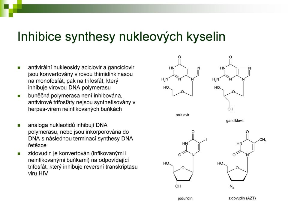 neinfikovaných buňkách 2 2 aciklovir analoga nukleotidů inhibují DA polymerasu, nebo jsou inkorporována do DA s následnou terminací synthesy DA řetězce I