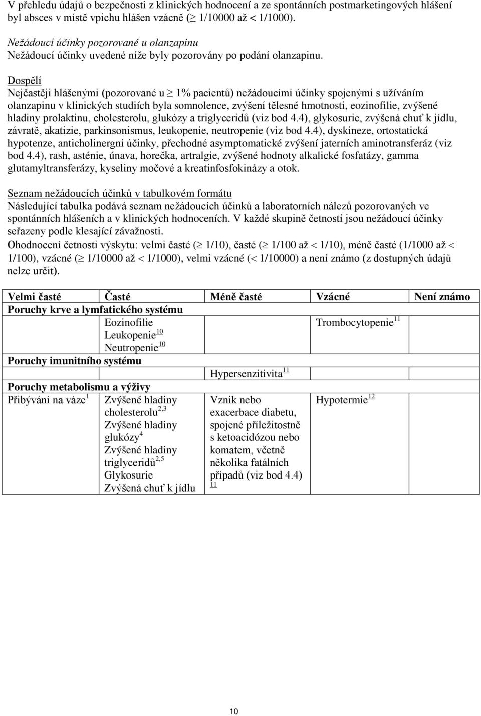 Dospělí Nejčastěji hlášenými (pozorované u 1% pacientů) nežádoucími účinky spojenými s užíváním olanzapinu v klinických studiích byla somnolence, zvýšení tělesné hmotnosti, eozinofilie, zvýšené