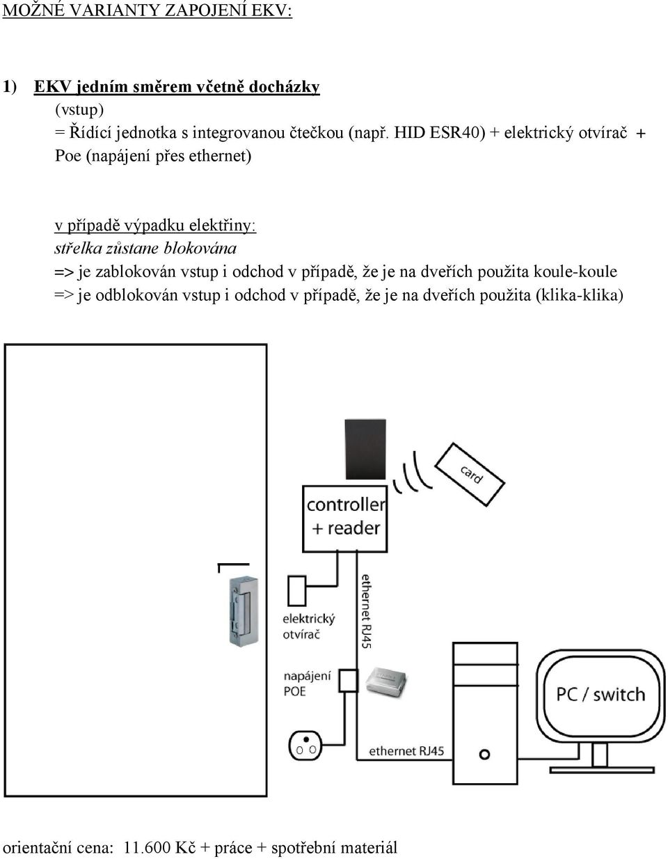 HID ESR40) + elektrický otvírač + Poe (napájení přes ethernet) střelka zůstane blokována => je zablokován