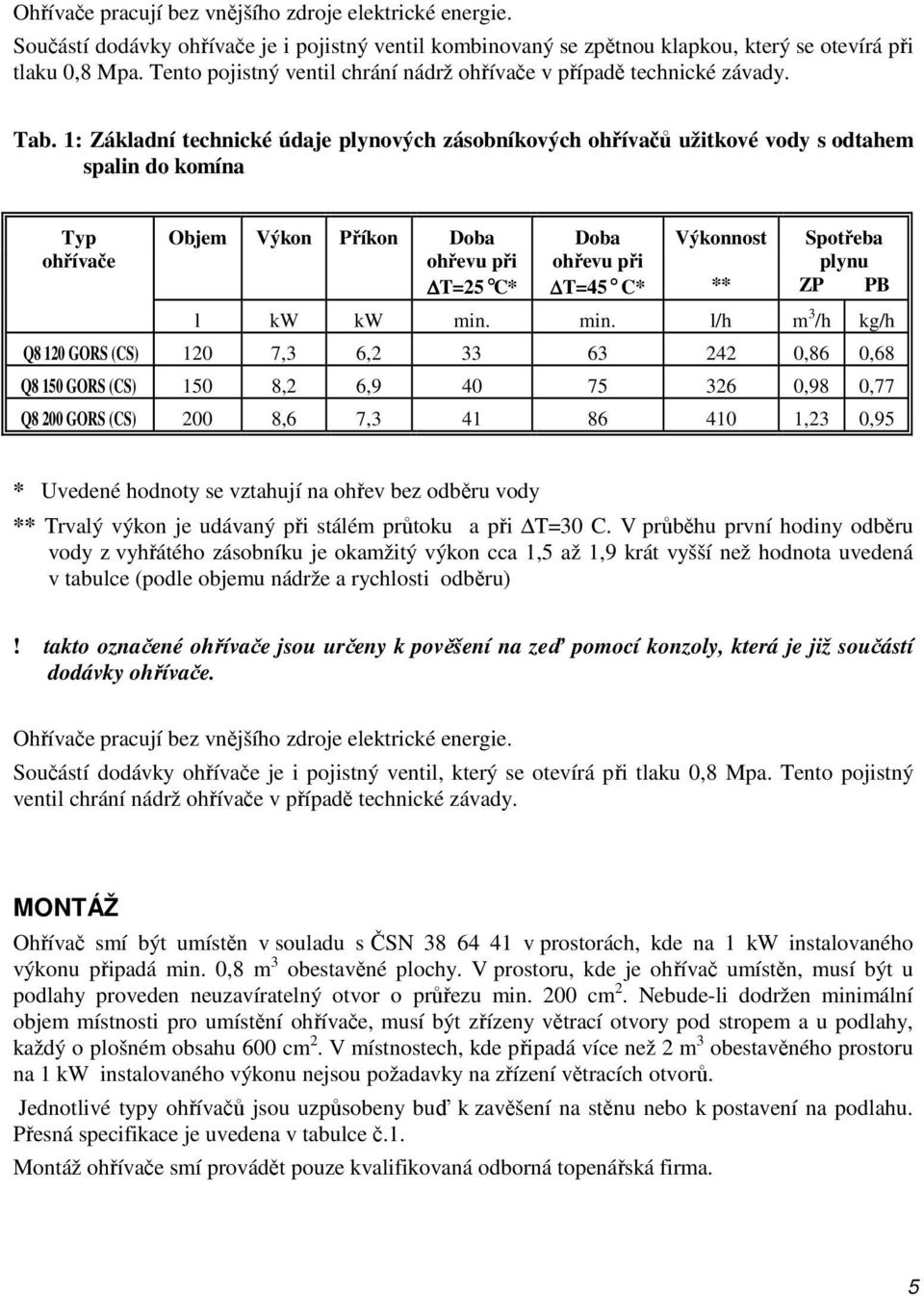1: Základní technické údaje plynových zásobníkových ohřívačů užitkové vody s odtahem spalin do komína Typ Objem Výkon Příkon Doba Doba Výkonnost Spotřeba ohřívače ohřevu při ohřevu při plynu T=25 C*