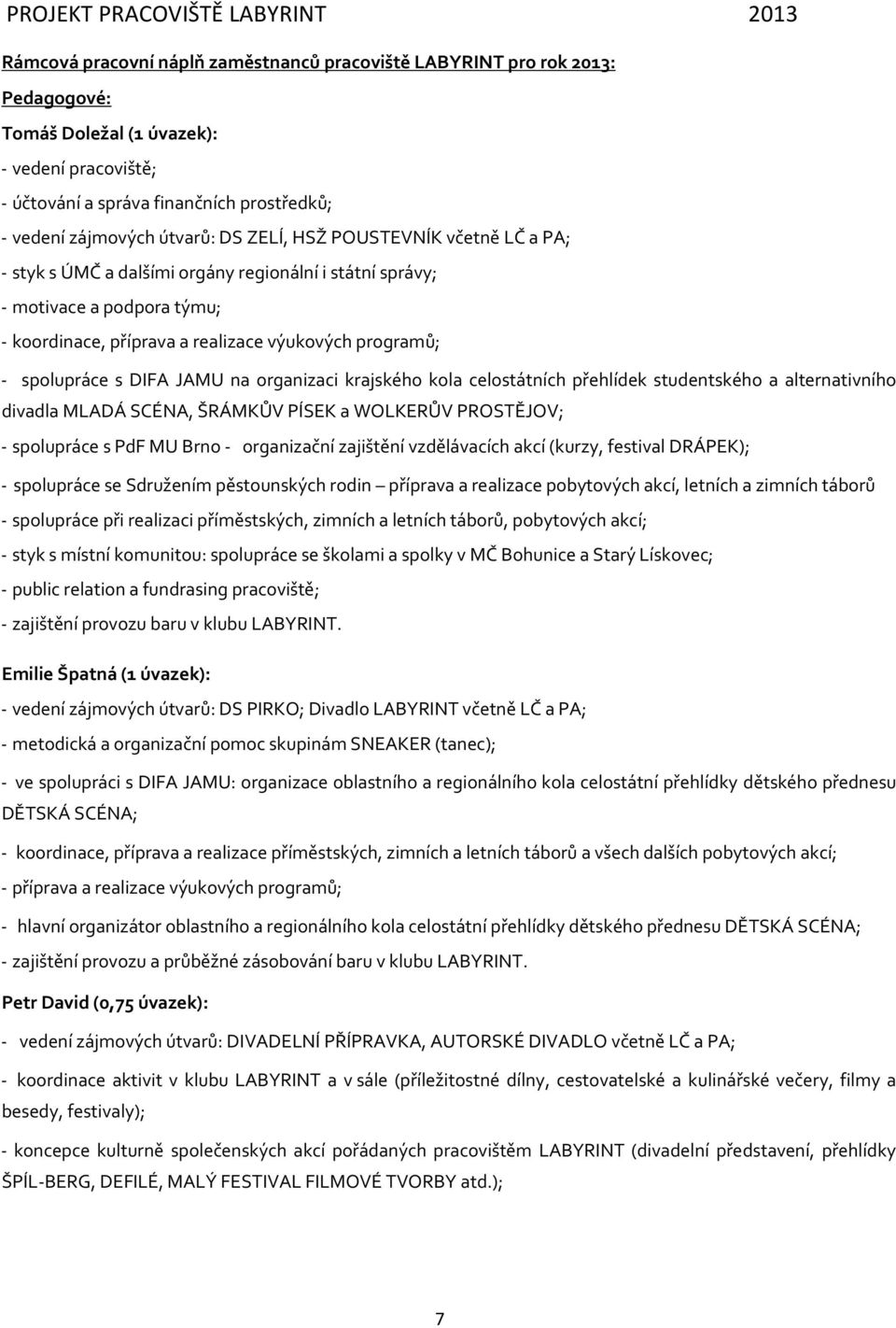 JAMU na organizaci krajského kola celostátních přehlídek studentského a alternativního divadla MLADÁ SCÉNA, ŠRÁMKŮV PÍSEK a WOLKERŮV PROSTĚJOV; - spolupráce s PdF MU Brno - organizační zajištění