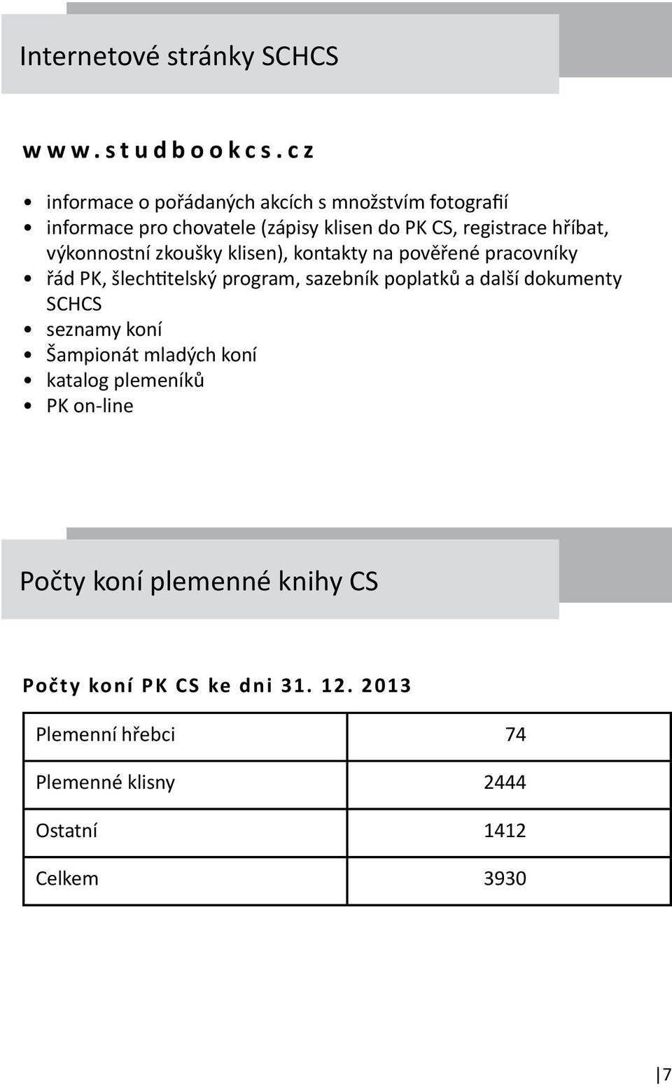 výkonnostní zkoušky klisen), kontakty na pověřené pracovníky řád PK, šlechtitelský program, sazebník poplatků a další