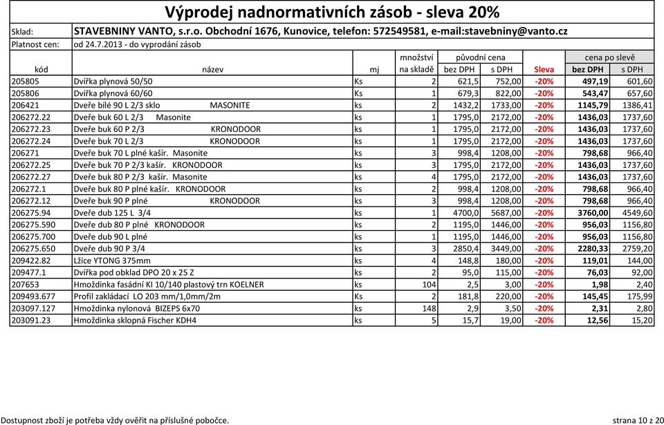 23 Dveře buk 60 P 2/3 KRONODOOR ks 1 1795,0 2172,00-20% 1436,03 1737,60 206272.24 Dveře buk 70 L 2/3 KRONODOOR ks 1 1795,0 2172,00-20% 1436,03 1737,60 206271 Dveře buk 70 L plné kašír.