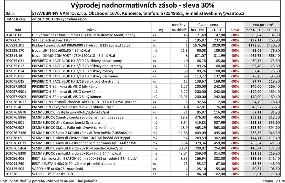 170 Isover UNI 1200x600x80 4,32m2/bal m2 21,6 90,08 109,00-30% 63,06 76,30 203214.16 Isover DOMO COMFORT 4750x1200x18 5,7m2/bal bal 8 671,07 811,99-30% 469,75 568,40 209075.