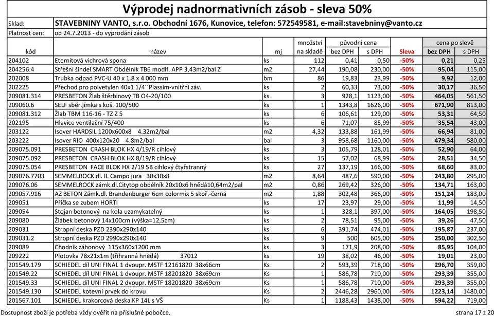 ks 2 60,33 73,00-50% 30,17 36,50 209081.314 PRESBETON Žlab štěrbinový TB O4-20/100 ks 3 928,1 1123,00-50% 464,05 561,50 209060.6 SELF sběr.jímka s koš.