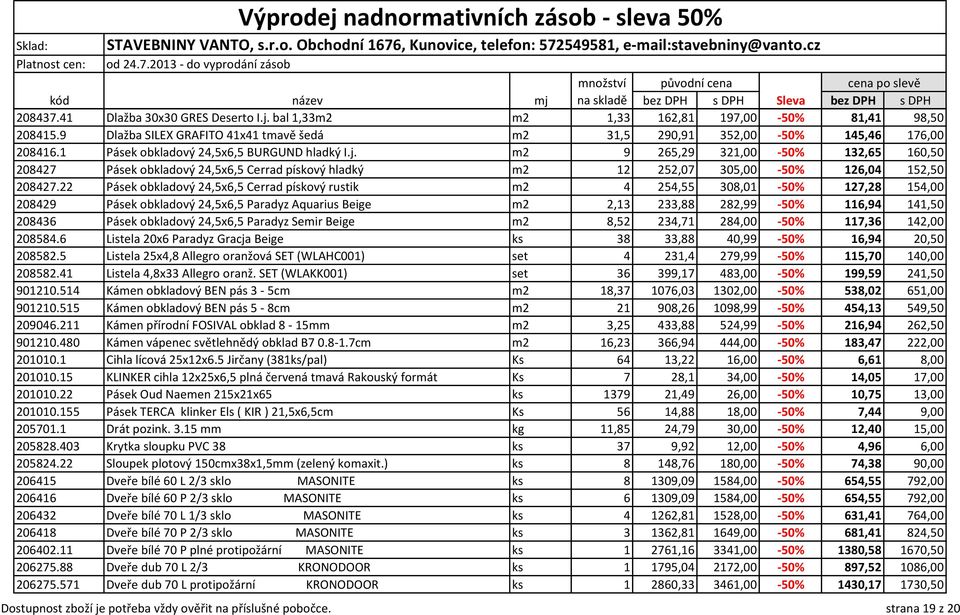 m2 9 265,29 321,00-50% 132,65 160,50 208427 Pásek obkladový 24,5x6,5 Cerrad pískový hladký m2 12 252,07 305,00-50% 126,04 152,50 208427.