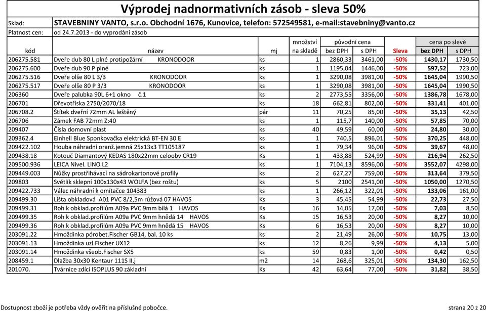 517 Dveře olše 80 P 3/3 KRONODOOR ks 1 3290,08 3981,00-50% 1645,04 1990,50 206360 Dveře palubka 90L 6+1 okno č.