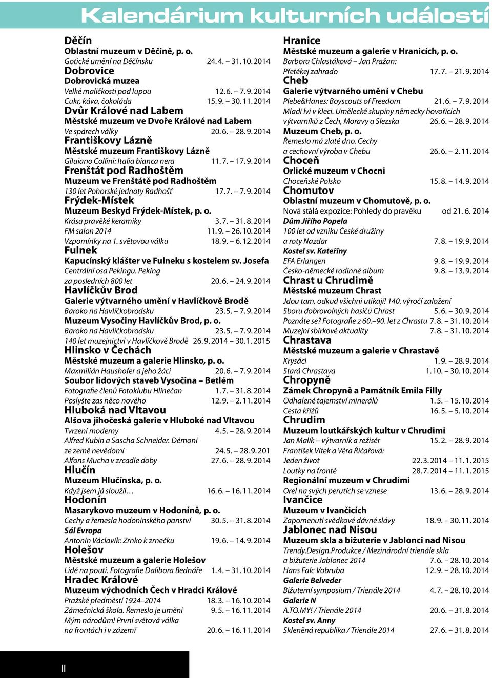 7. 17. 9. 2014 Frenštát pod Radhoštěm Muzeum ve Frenštátě pod Radhoštěm 130 let Pohorské jednoty Radhošť 17. 7. 7. 9. 2014 Frýdek-Místek Muzeum Beskyd Frýdek-Místek, p. o. Krása pravěké keramiky 3. 7. 31.